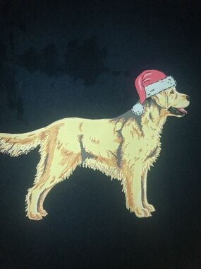 J. Crew Black Tee with Golden Retriever Wearing Red Santa Hat